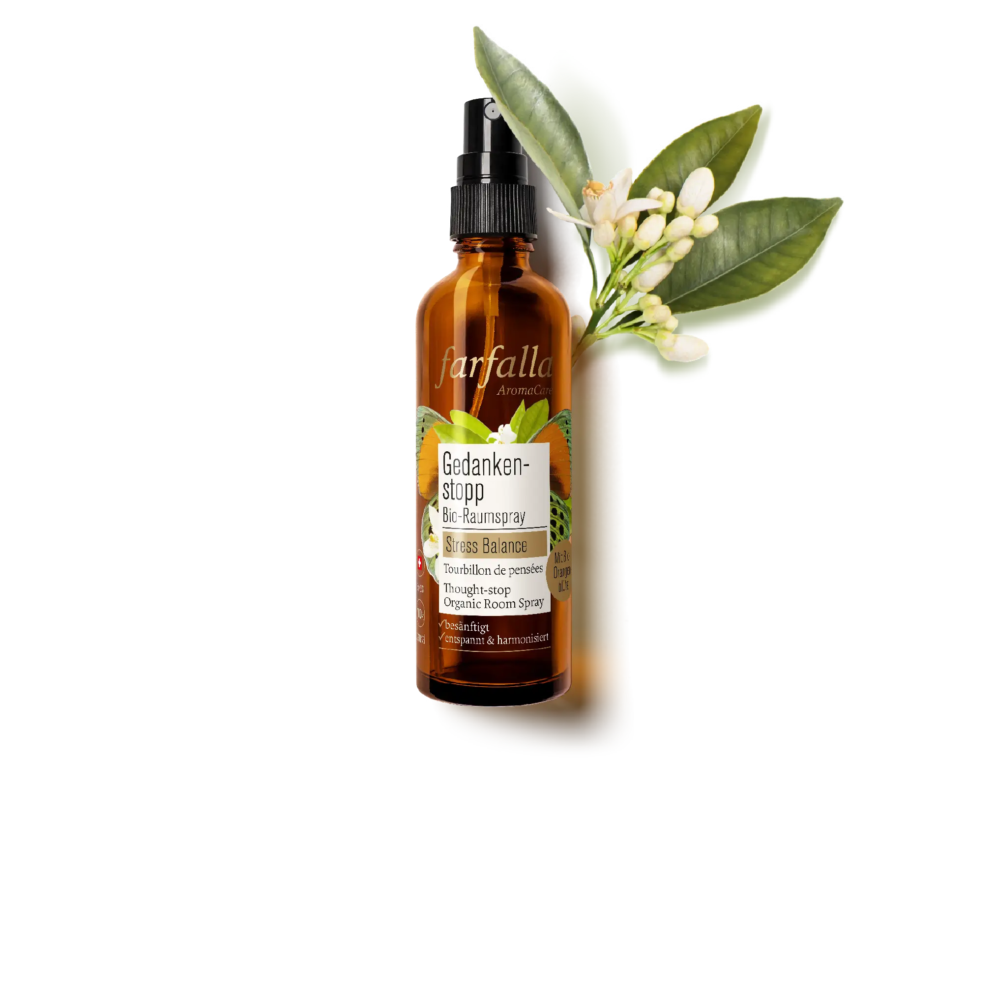 farfalla Gedankenstopp Bio-Raumspray Stress Balance in brauner Sprühflasche mit Blütenzweig vor weißem Hintergrund