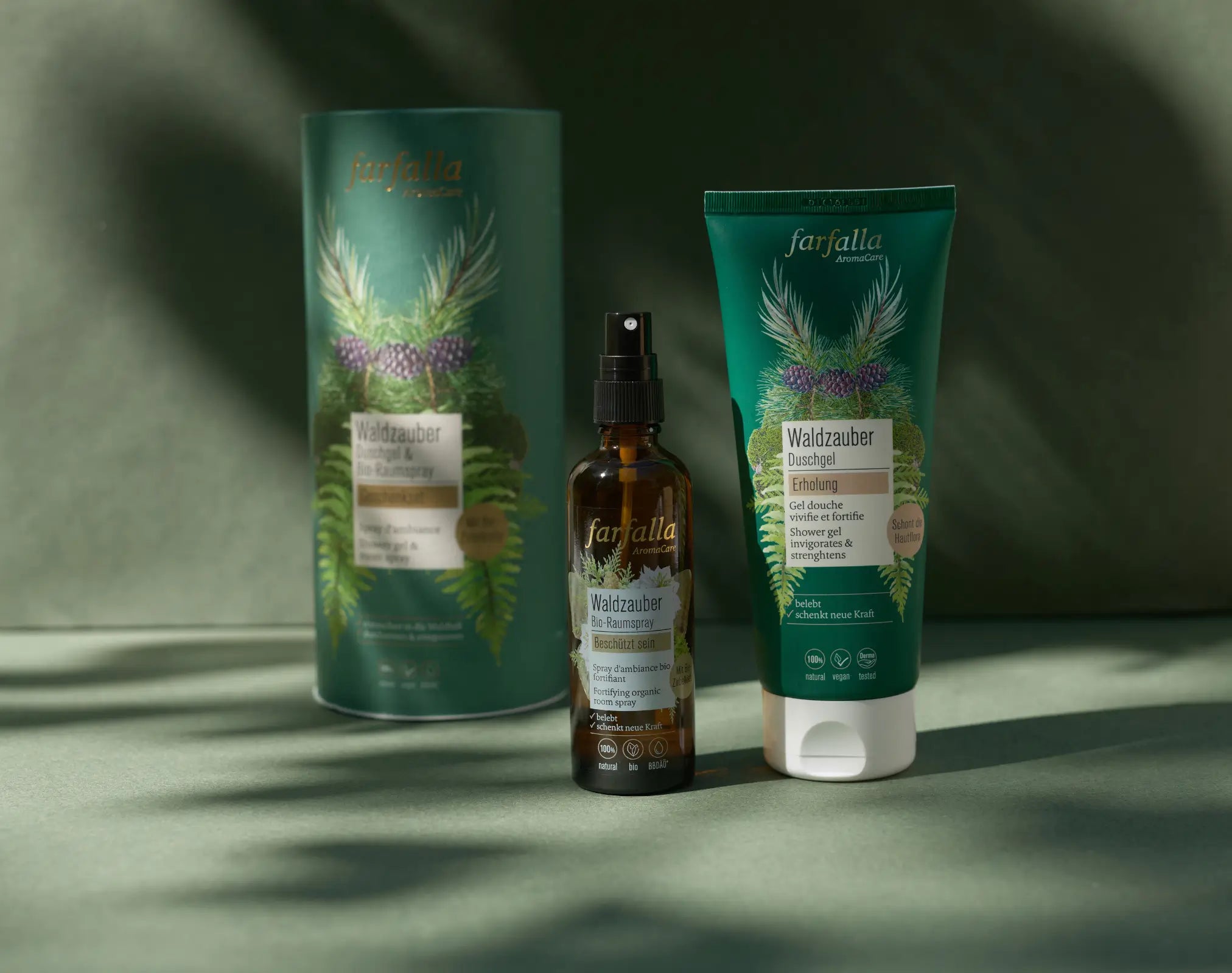 farfalla Waldzauber Raumspray und Duschgel mit natürlichen Pflanzenextrakten für beruhigende Aromatherapie